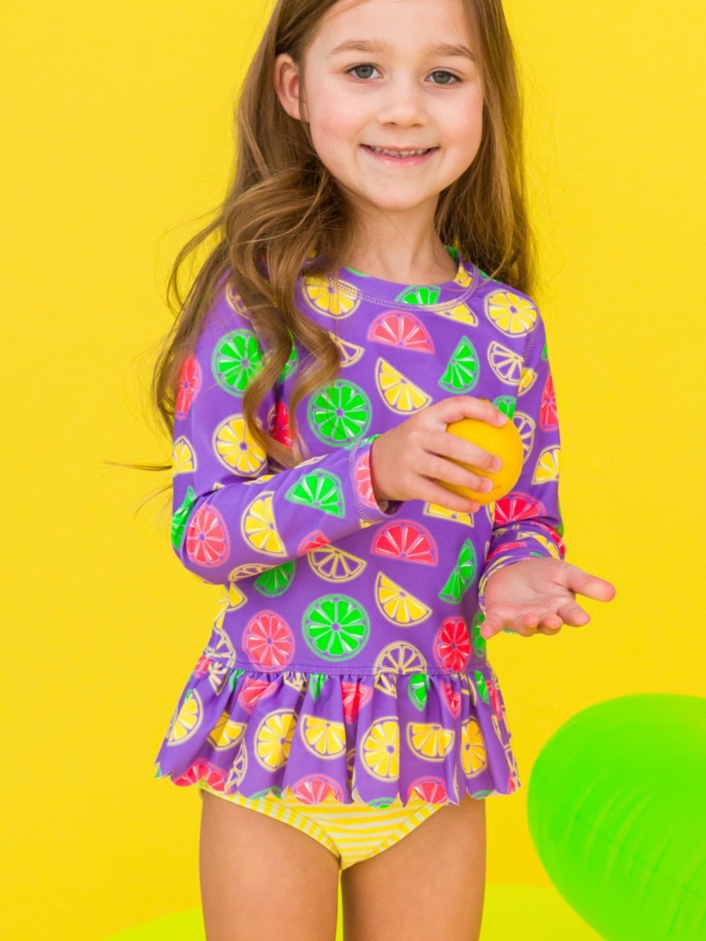 Rufflebutts Neon purple citrus scalloped rash guard and bottoms